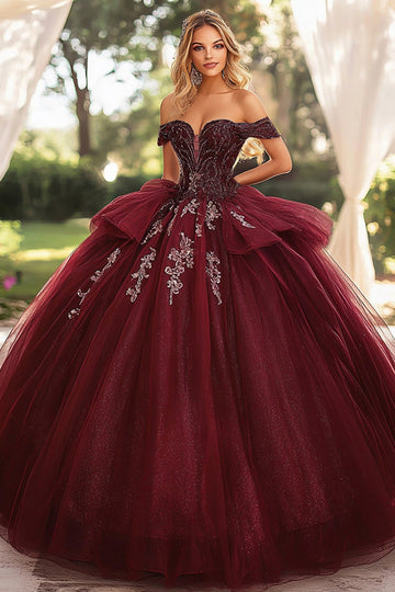 Robe de bal bustier bordeaux à épaules dénudées Quinceanera Dress